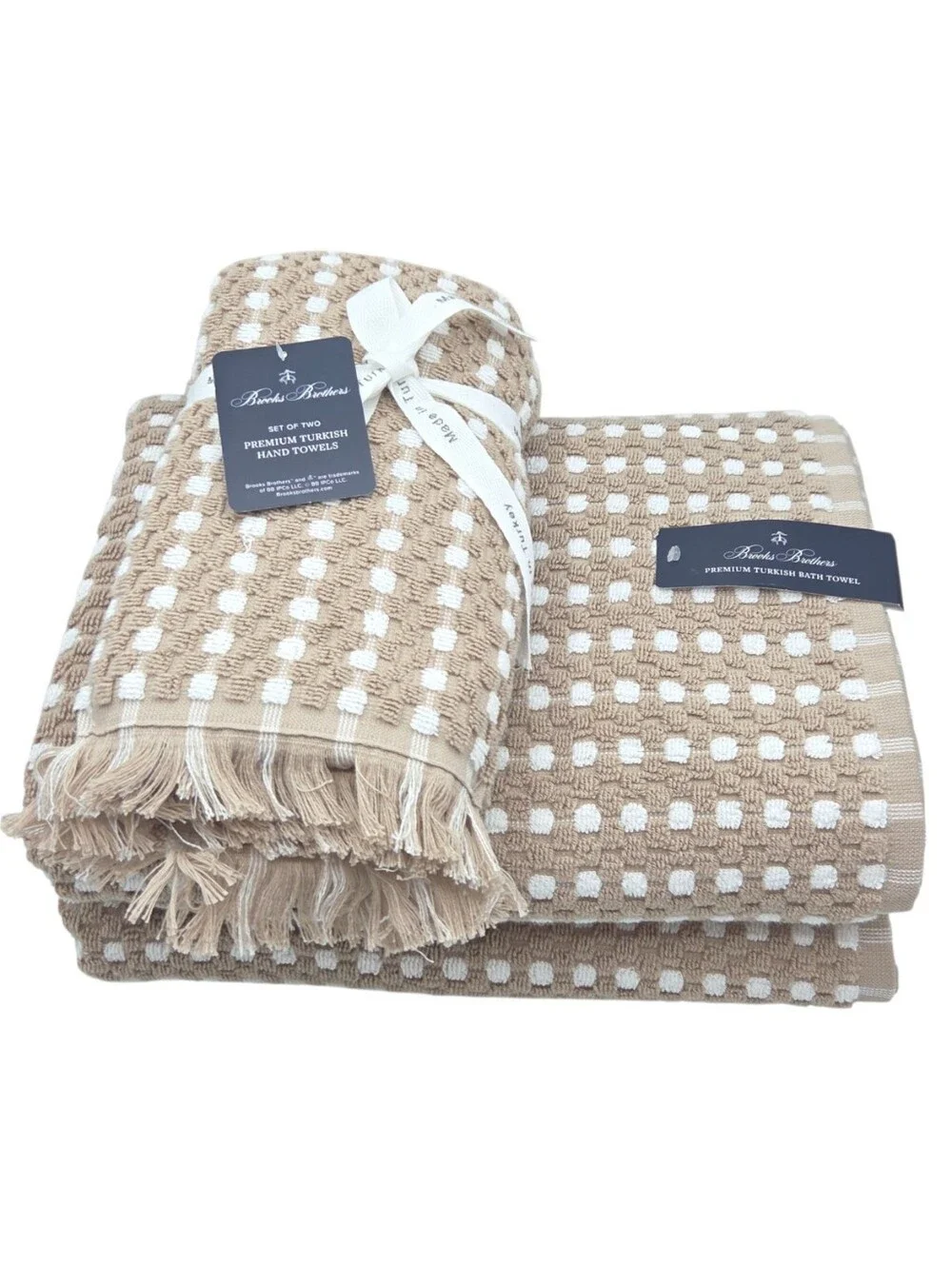 Brooks Brothers 4pc Turkish Cotton Towel Set Tan & White Raised Dots 2Bath 2Hand